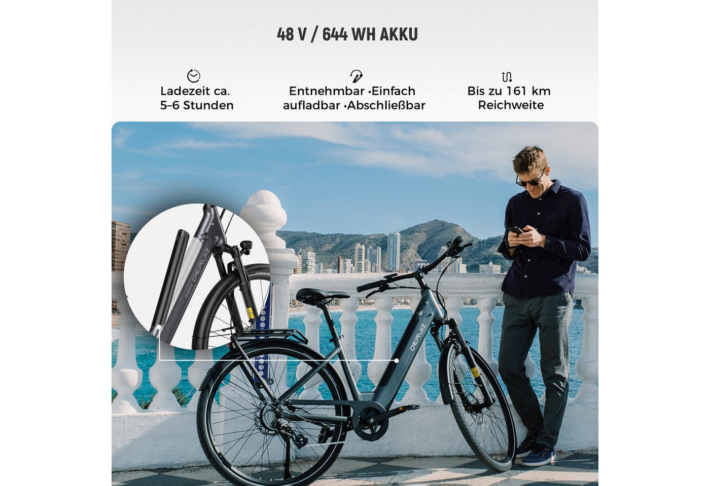 DERUIZ E-Bike Cityrad 28 Zoll Quartz /Quartz SUV 644 Wh, 161 km, Drehmomentsensor, 8 Gang Shimano Shimano Altus RD-M310, 8-Gang Schaltwerk, Kettenschaltung, Heckmotor, 644 Wh, (Federgabel mit Lockout, Drehmomentsensor, Farb-LCD-Display), 60-mm-Federweg, mit mechanischem Lockout, Drehmomentsensor Bild 3