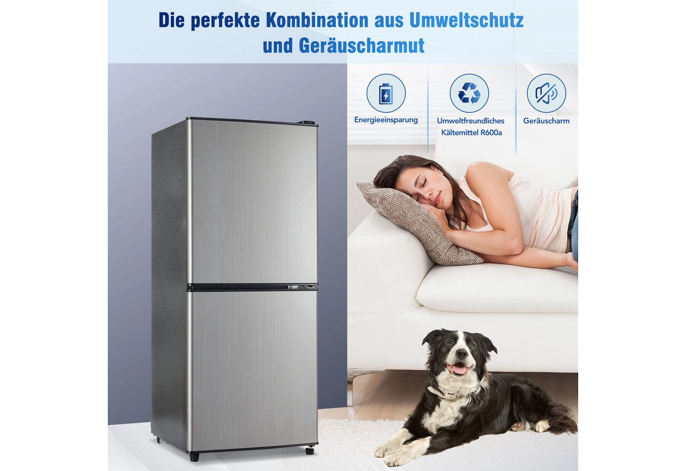 Rolipo Kühlschrank (60L+46L) 7-stufiger Temperaturregelung 45dB BCD-106W, 102 cm hoch, 42.5 cm breit, 106L Kompaktkühlschrank & Gefrierfach/LED