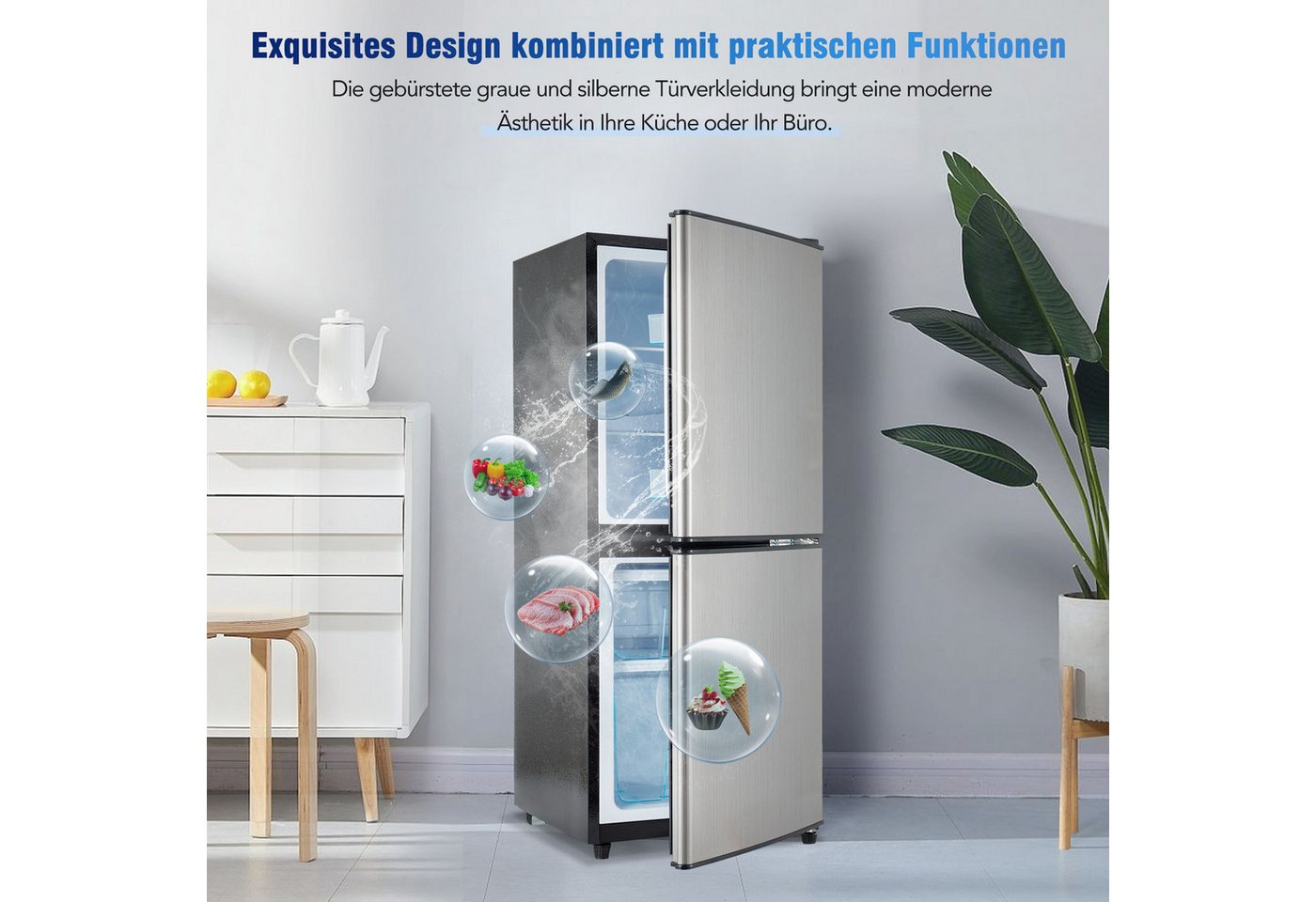 Rolipo Kühlschrank (60L+46L) 7-stufiger Temperaturregelung 45dB BCD-106W, 102 cm hoch, 42.5 cm breit, 106L Kompaktkühlschrank & Gefrierfach/LED Bild 3