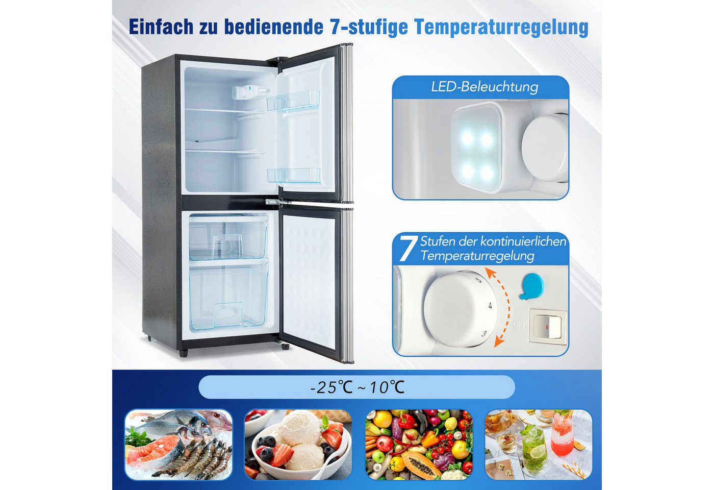 Rolipo Kühlschrank (60L+46L) 7-stufiger Temperaturregelung 45dB BCD-106W, 102 cm hoch, 42.5 cm breit, 106L Kompaktkühlschrank & Gefrierfach/LED Bild 4