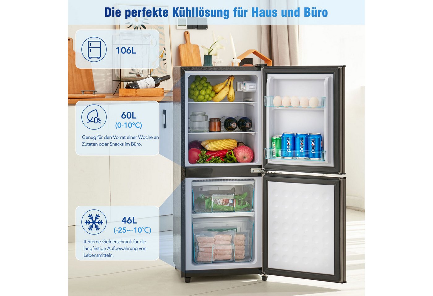 Rolipo Kühlschrank (60L+46L) 7-stufiger Temperaturregelung 45dB BCD-106W, 102 cm hoch, 42.5 cm breit, 106L Kompaktkühlschrank & Gefrierfach/LED Bild 5