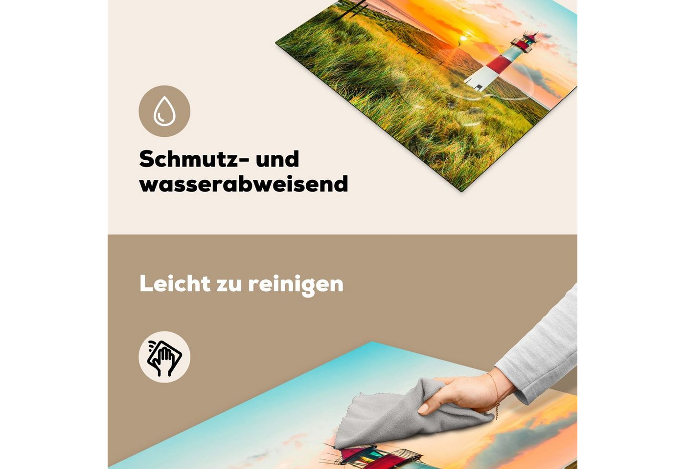 MuchoWow Herd-Abdeckplatte Leuchtturm - Natur - Sonne - Landschaft - Gras - Strand - Meer, Vinyl, (1 tlg), Abdeckplatte für Ceranfeld, Herd Inductionsmatte, 57x51 cm