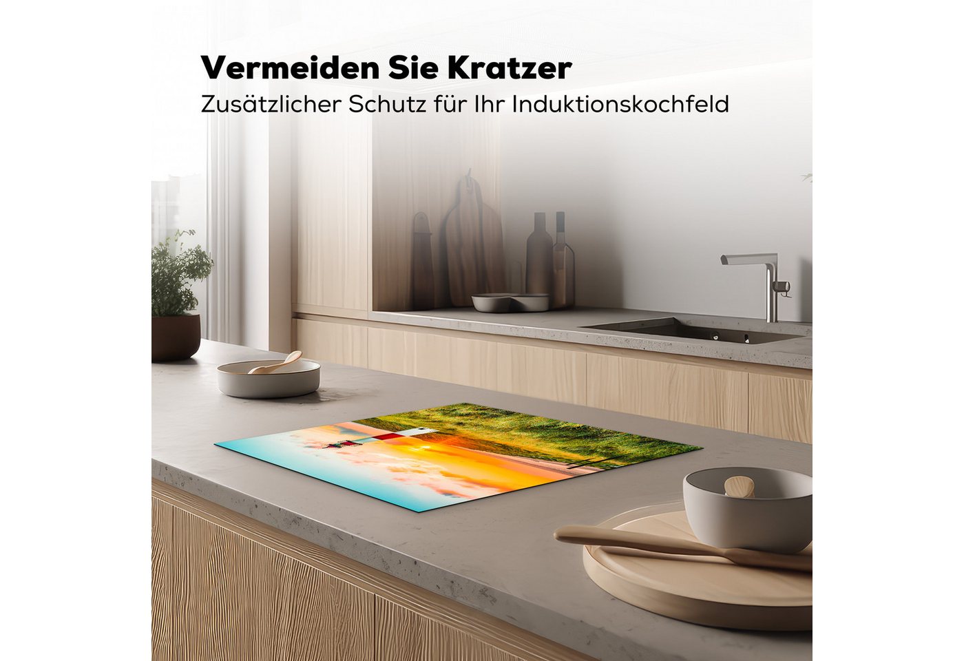MuchoWow Herd-Abdeckplatte Leuchtturm - Natur - Sonne - Landschaft - Gras - Strand - Meer, Vinyl, (1 tlg), Abdeckplatte für Ceranfeld, Herd Inductionsmatte, 57x51 cm Bild 2