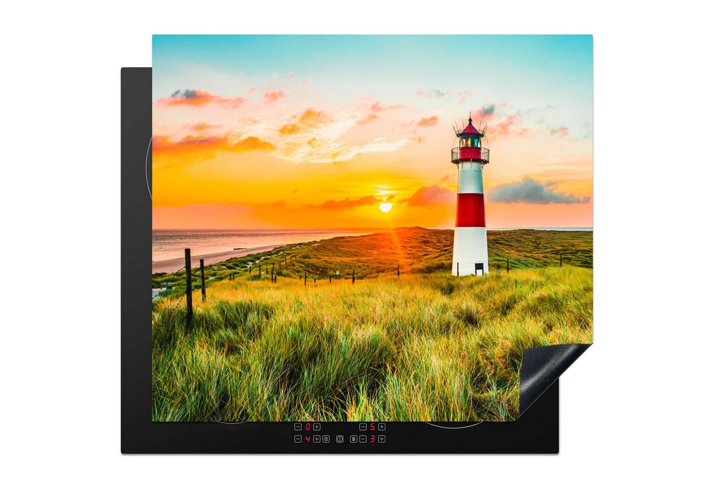 MuchoWow Herd-Abdeckplatte Leuchtturm - Natur - Sonne - Landschaft - Gras - Strand - Meer, Vinyl, (1 tlg), Abdeckplatte für Ceranfeld, Herd Inductionsmatte, 57x51 cm Bild 3
