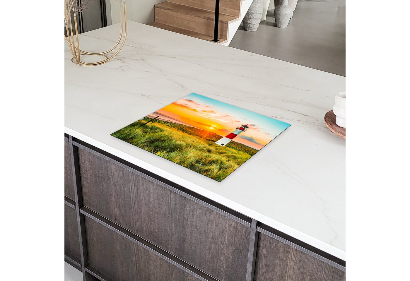 MuchoWow Herd-Abdeckplatte Leuchtturm - Natur - Sonne - Landschaft - Gras - Strand - Meer, Vinyl, (1 tlg), Abdeckplatte für Ceranfeld, Herd Inductionsmatte, 57x51 cm Bild 4