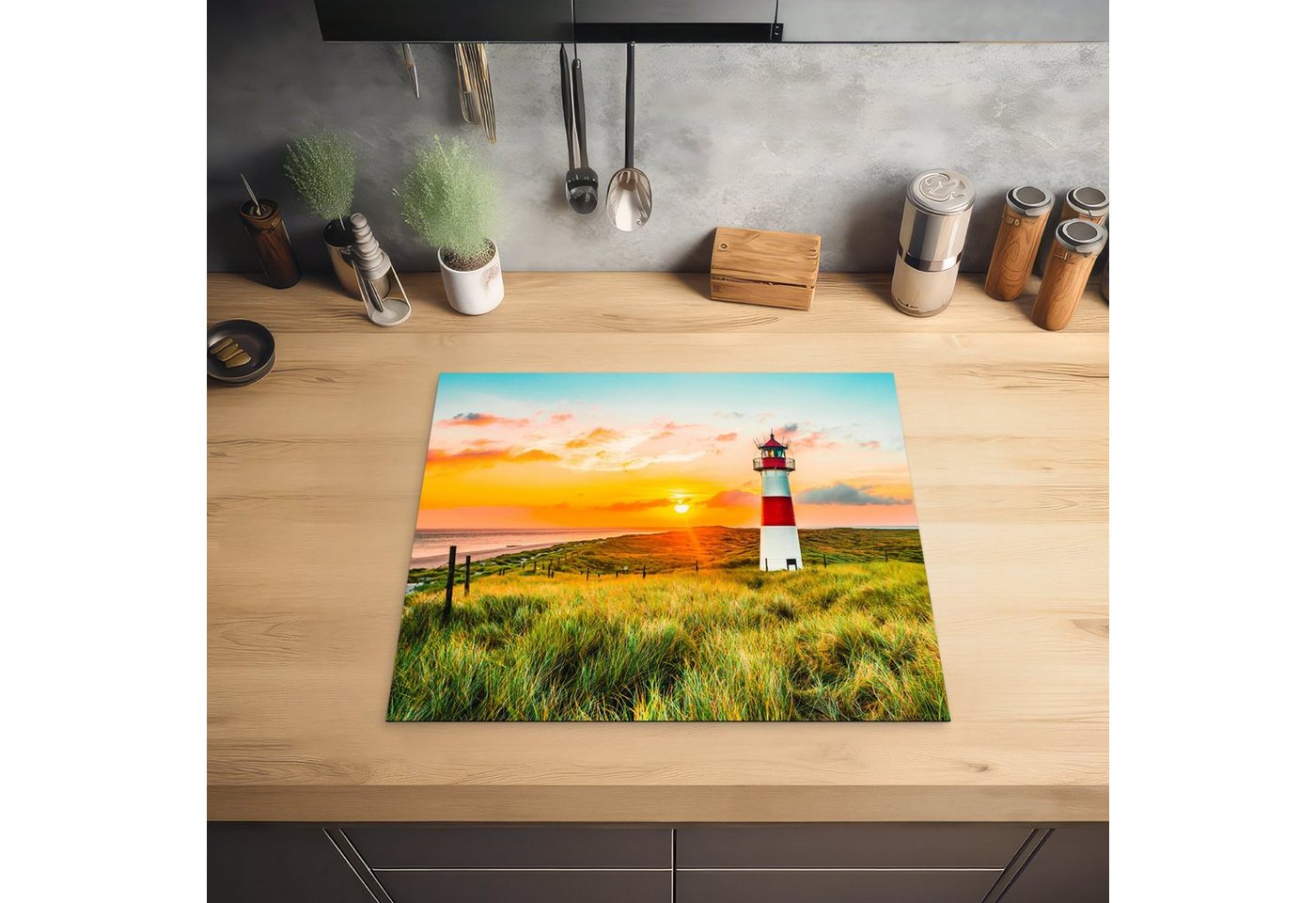 MuchoWow Herd-Abdeckplatte Leuchtturm - Natur - Sonne - Landschaft - Gras - Strand - Meer, Vinyl, (1 tlg), Abdeckplatte für Ceranfeld, Herd Inductionsmatte, 57x51 cm Bild 5