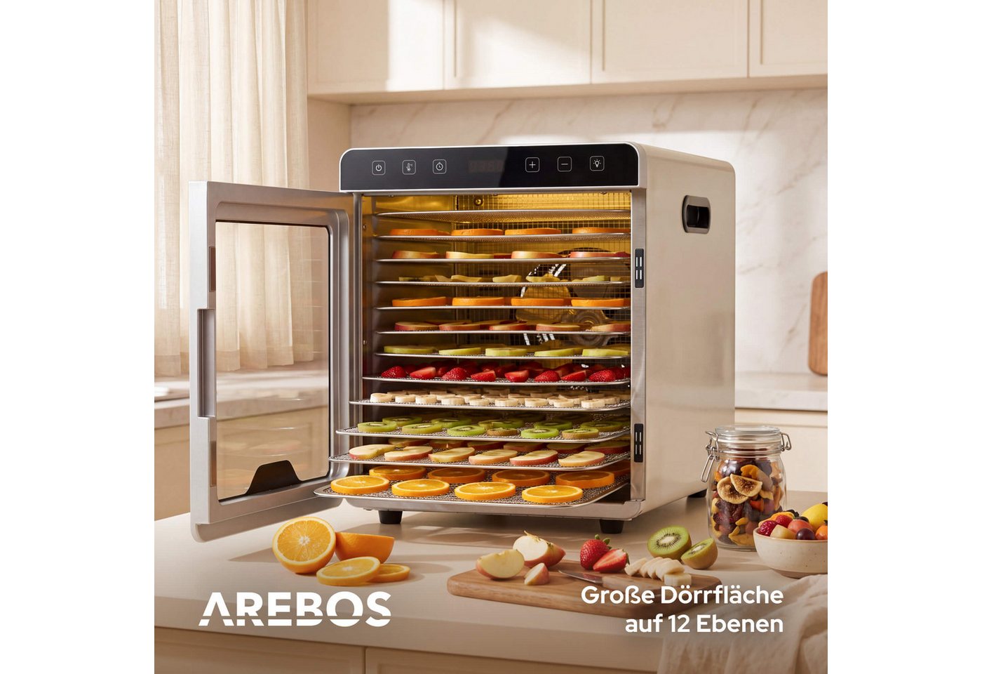Arebos Dörrautomat Dörrgerät 29L mit Edelstahlgittern & Timer 800 W, 12 Etagen, 29 L Fassungsvermögen, 800 W Leistung Bild 2