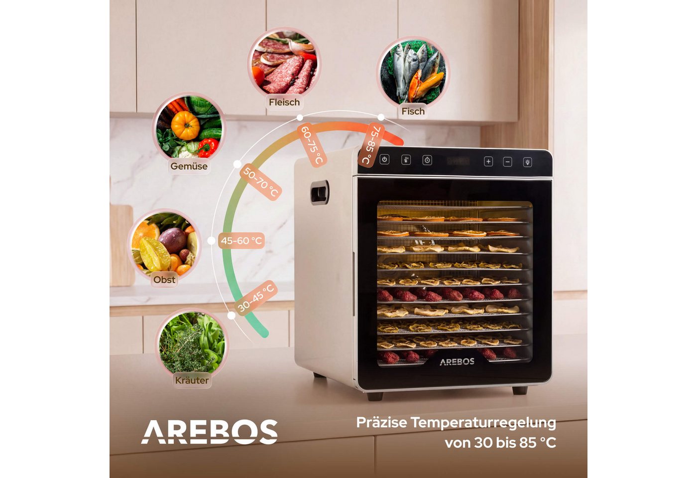 Arebos Dörrautomat Dörrgerät 29L mit Edelstahlgittern & Timer 800 W, 12 Etagen, 29 L Fassungsvermögen, 800 W Leistung Bild 3
