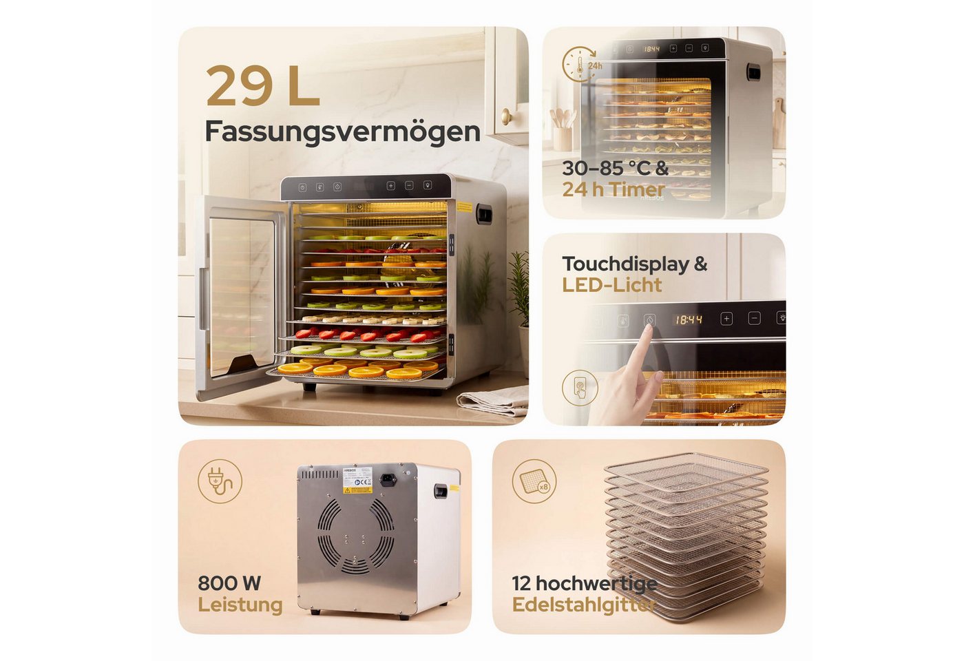 Arebos Dörrautomat Dörrgerät 29L mit Edelstahlgittern & Timer 800 W, 12 Etagen, 29 L Fassungsvermögen, 800 W Leistung Bild 4