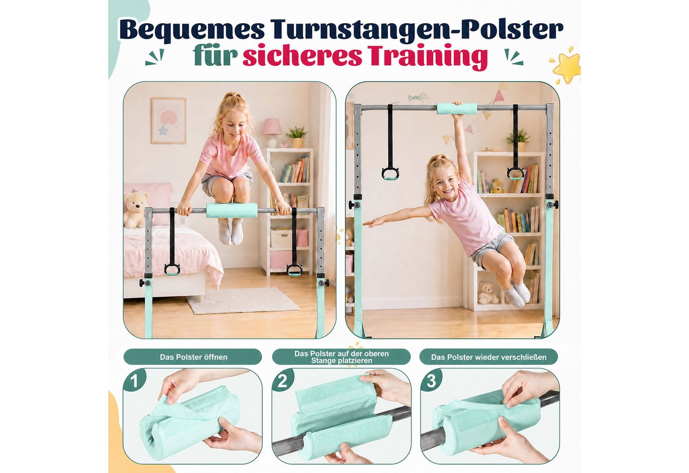 Hausright Turnreck Gymnastikstange Kinder mit Verstellbaren Höhen Faltbare Reckstange, (Stabilität Turnstange, Polster & 2 Ringen), 10-Fach höhenverstellbar Indoor & Outdoor Faltbare Kinderturngerät