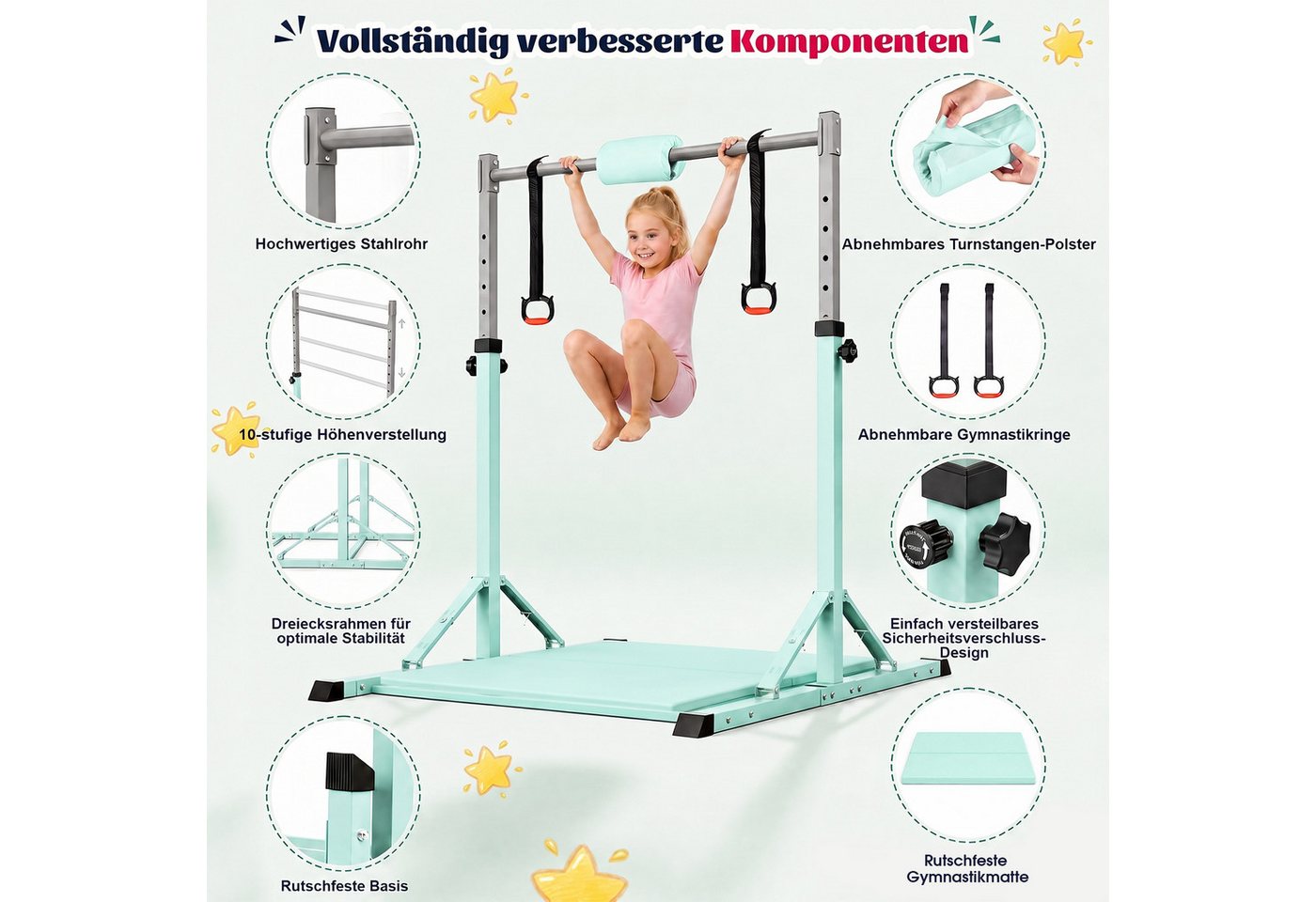 Hausright Turnreck Gymnastikstange Kinder mit Verstellbaren Höhen Faltbare Reckstange, (Stabilität Turnstange, Polster & 2 Ringen), 10-Fach höhenverstellbar Indoor & Outdoor Faltbare Kinderturngerät Bild 2