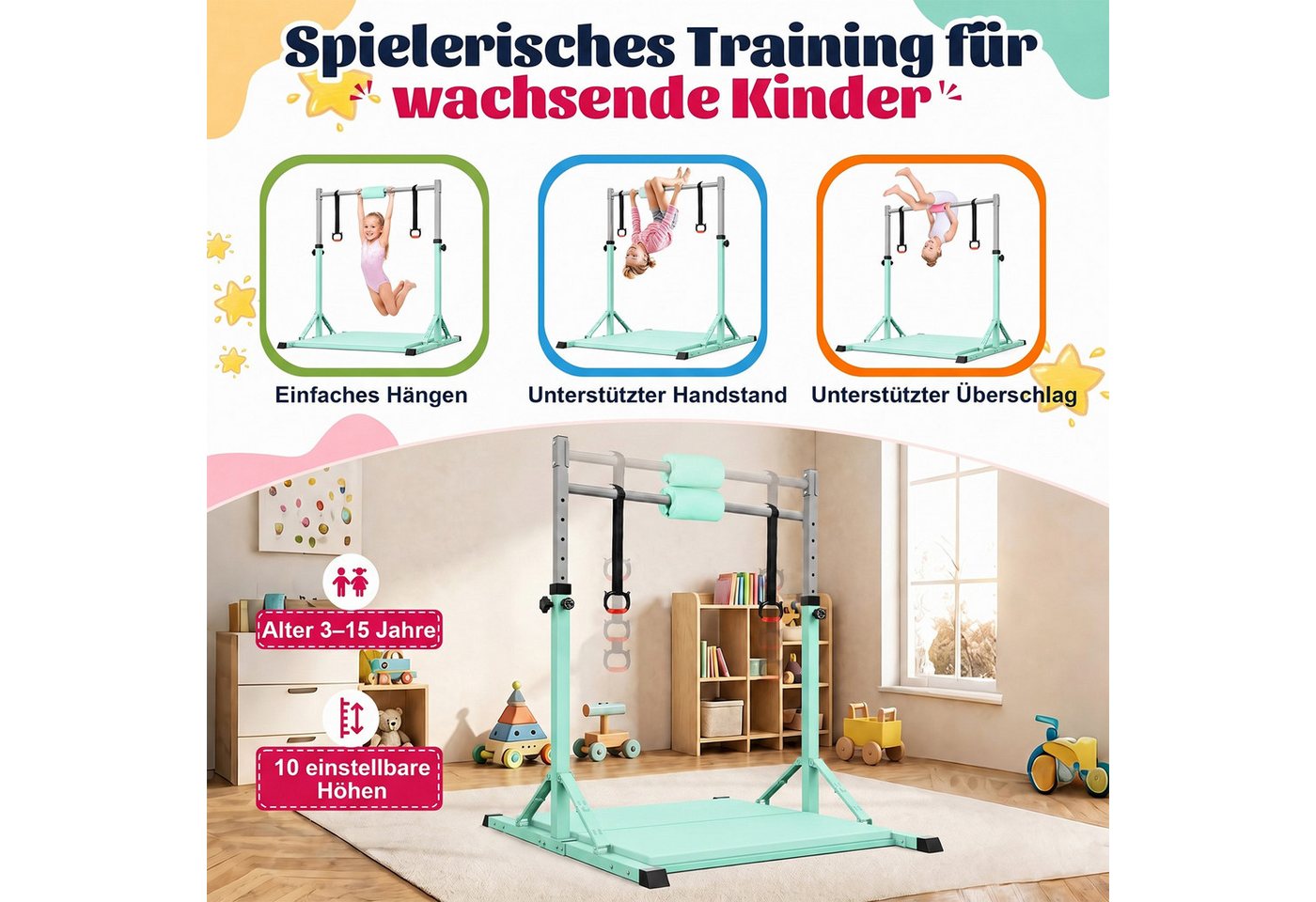 Hausright Turnreck Gymnastikstange Kinder mit Verstellbaren Höhen Faltbare Reckstange, (Stabilität Turnstange, Polster & 2 Ringen), 10-Fach höhenverstellbar Indoor & Outdoor Faltbare Kinderturngerät Bild 3
