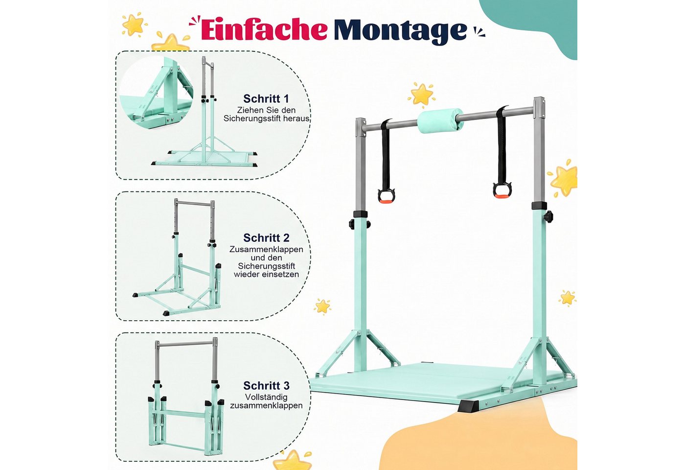 Hausright Turnreck Gymnastikstange Kinder mit Verstellbaren Höhen Faltbare Reckstange, (Stabilität Turnstange, Polster & 2 Ringen), 10-Fach höhenverstellbar Indoor & Outdoor Faltbare Kinderturngerät Bild 4