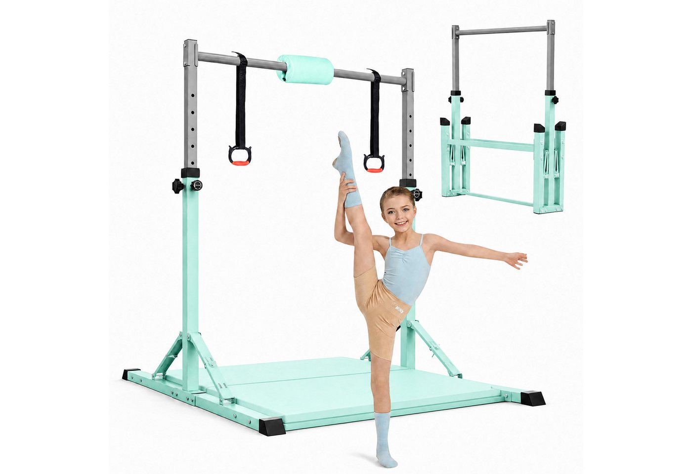 Hausright Turnreck Gymnastikstange Kinder mit Verstellbaren Höhen Faltbare Reckstange, (Stabilität Turnstange, Polster & 2 Ringen), 10-Fach höhenverstellbar Indoor & Outdoor Faltbare Kinderturngerät Bild 5