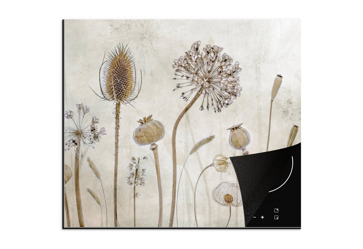 MuchoWow Herd-Abdeckplatte Blumen - Aquarell - Stilleben - Braun - Vintage, Vinyl, (1 tlg), Küche Herdabdeckplatte Ceranfeld Vinyl Einteilig, 59x52 cm