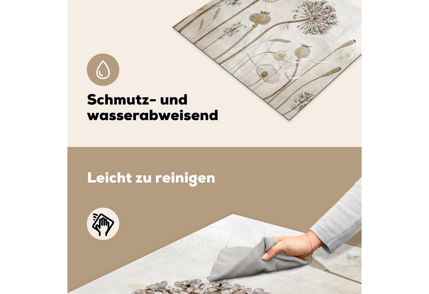 MuchoWow Herd-Abdeckplatte Blumen - Aquarell - Stilleben - Braun - Vintage, Vinyl, (1 tlg), Küche Herdabdeckplatte Ceranfeld Vinyl Einteilig, 59x52 cm Bild 5