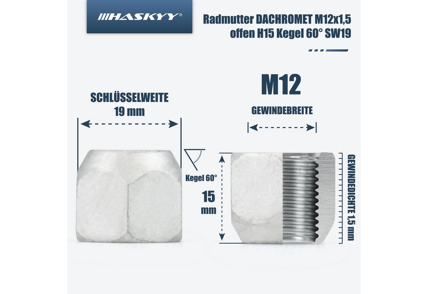 HASKYY Reifenmontagemaschine 20x Radmuttern M12x1,5 SW19 offen H15 Kegelbund 60° Dachromet Bild 3