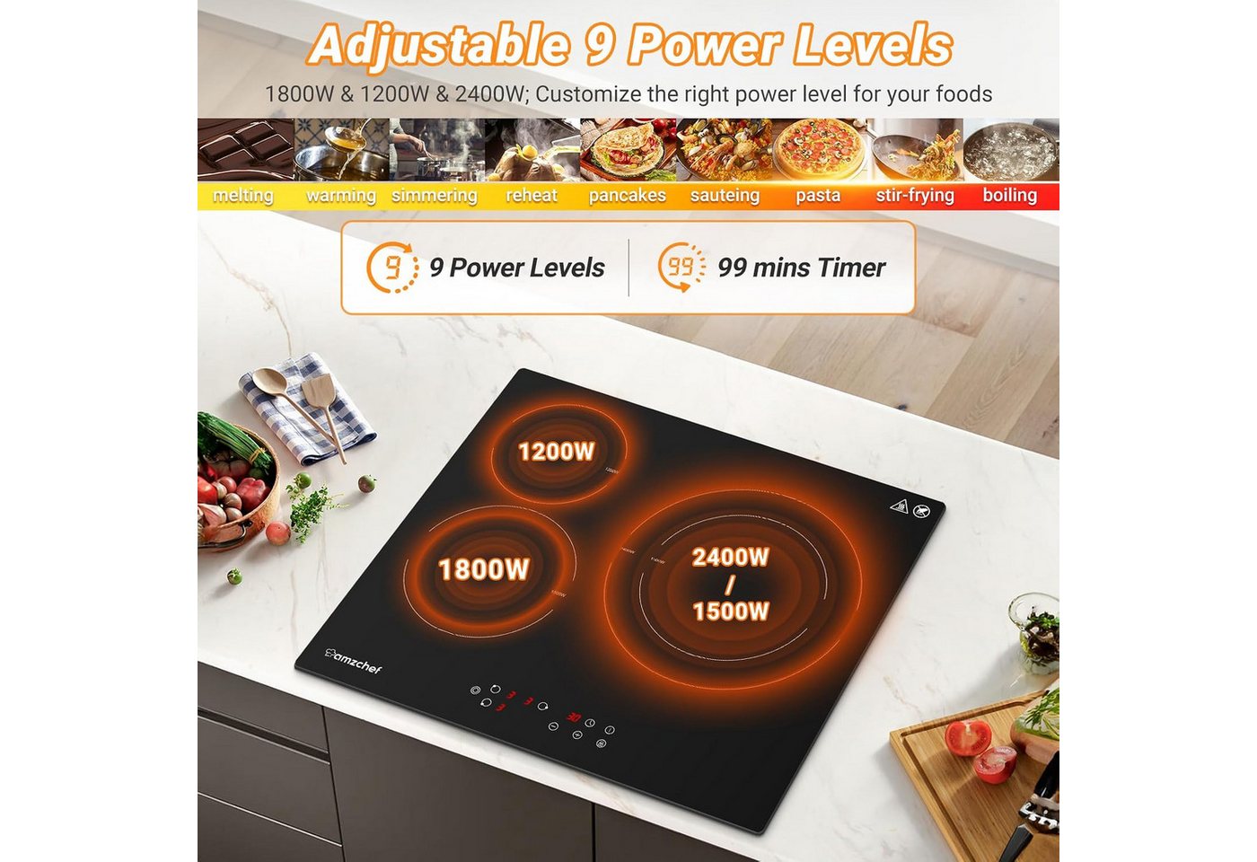AMZCHEF Elektro-Kochfeld Glaskeramikkochfeld autark 3 Kochzonen 5400W, 9 Leistungsstufen CE-HT5419B3E-2, 99-Minuten-Timer, Kindersicherung, Restwärme- und Überhitzungsschutz
