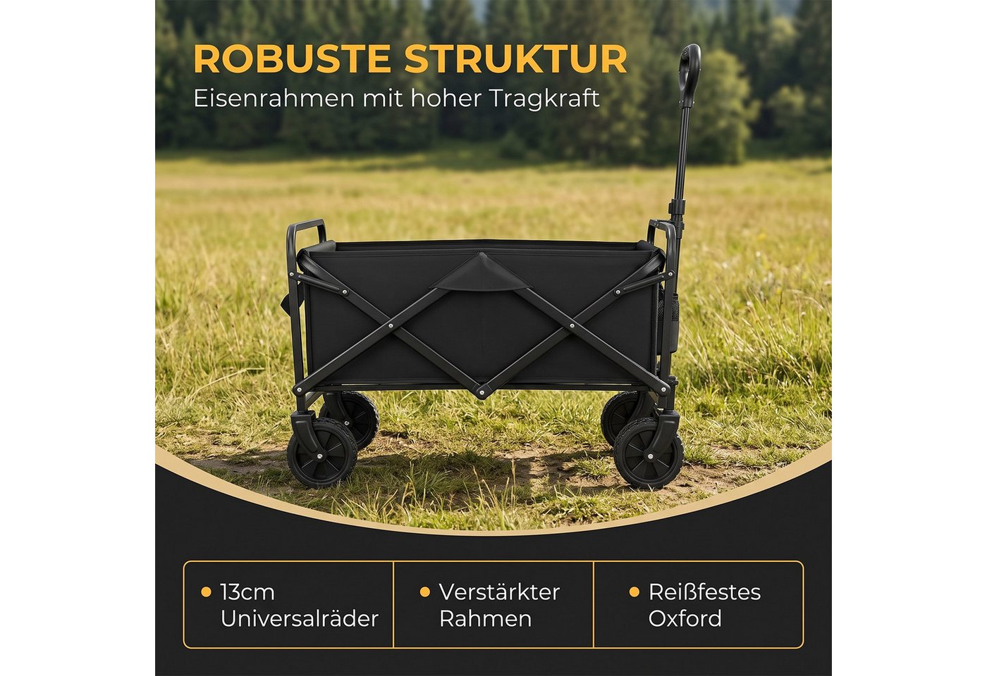AKKEE Bollerwagen Gartenwagen 75L bis 150kg Handwagen Strandwagen Klappbar Handwagen, Kompaktes Packmaß, robuste Konstruktion, mit Bremsen Bild 2