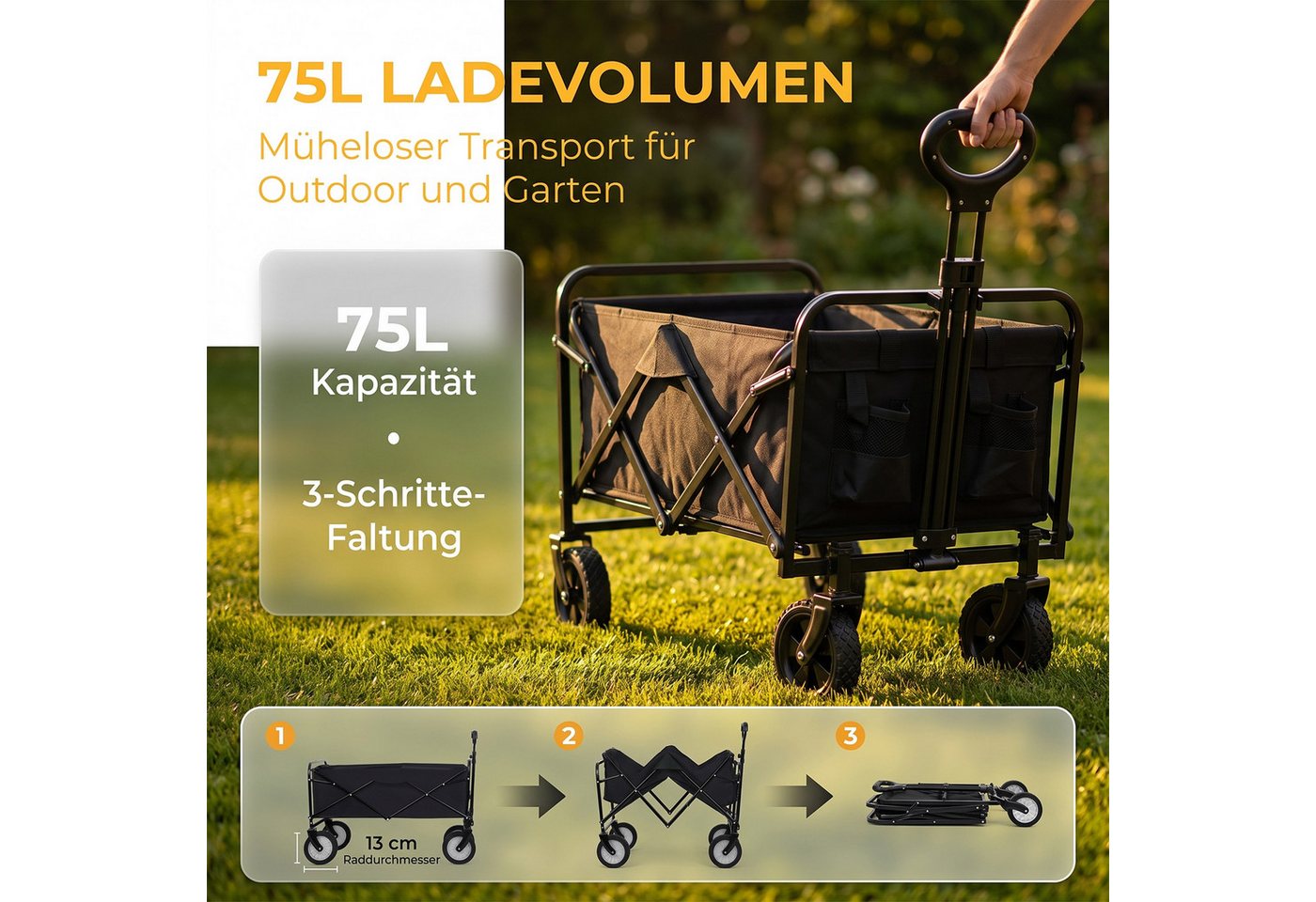 AKKEE Bollerwagen Gartenwagen 75L bis 150kg Handwagen Strandwagen Klappbar Handwagen, Kompaktes Packmaß, robuste Konstruktion, mit Bremsen Bild 5