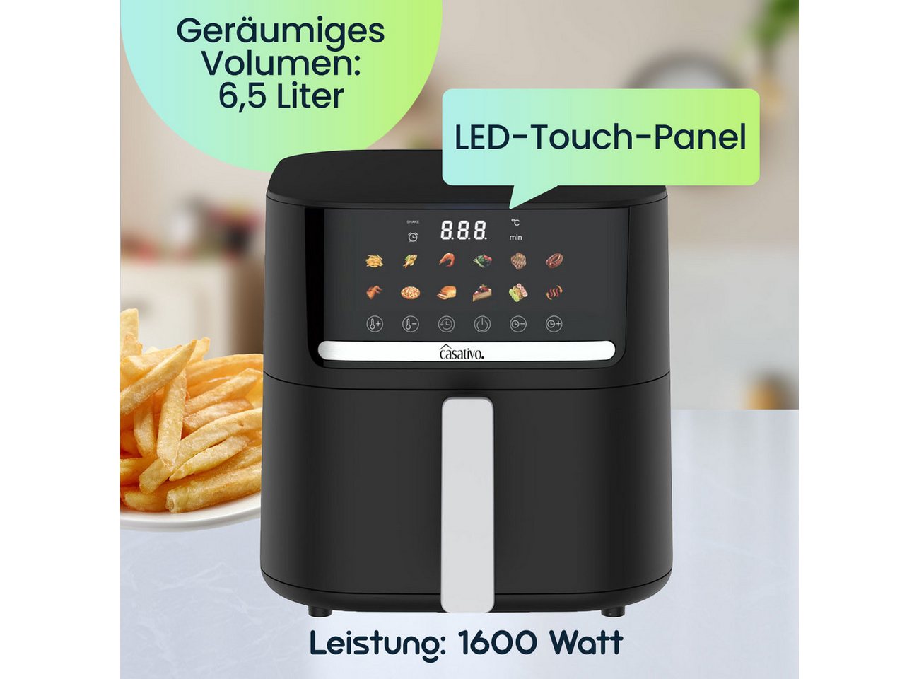 Casativo Heißluftfritteuse CH9693, 1600 W, Energiesparend, 11 Programme, 6,5L Volumen, LED-Touch-Display