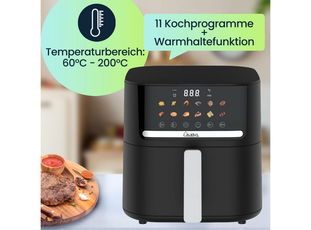 Casativo Heißluftfritteuse CH9693, 1600 W, Energiesparend, 11 Programme, 6,5L Volumen, LED-Touch-Display Bild 3
