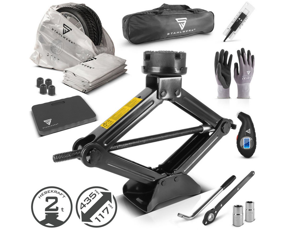 STAHLWERK Wagenheber Scherenwagenheber 2t Reifenwechsel Set Reifendruckprüfer Handschuhe Bild 5