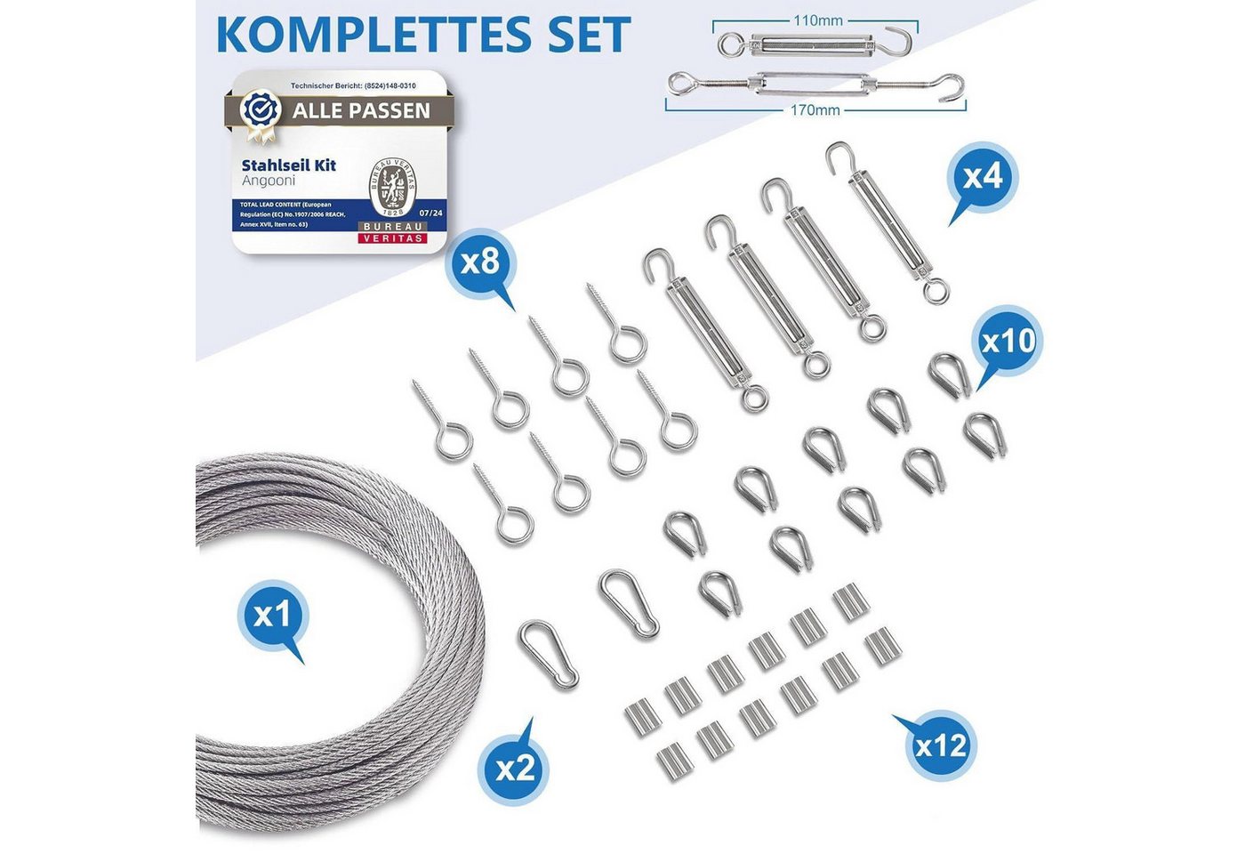 LuxusKollektion Drahtseil Stahlseil Set 35m 3mm M5 Seilspanner Spannschloss Ösen 37