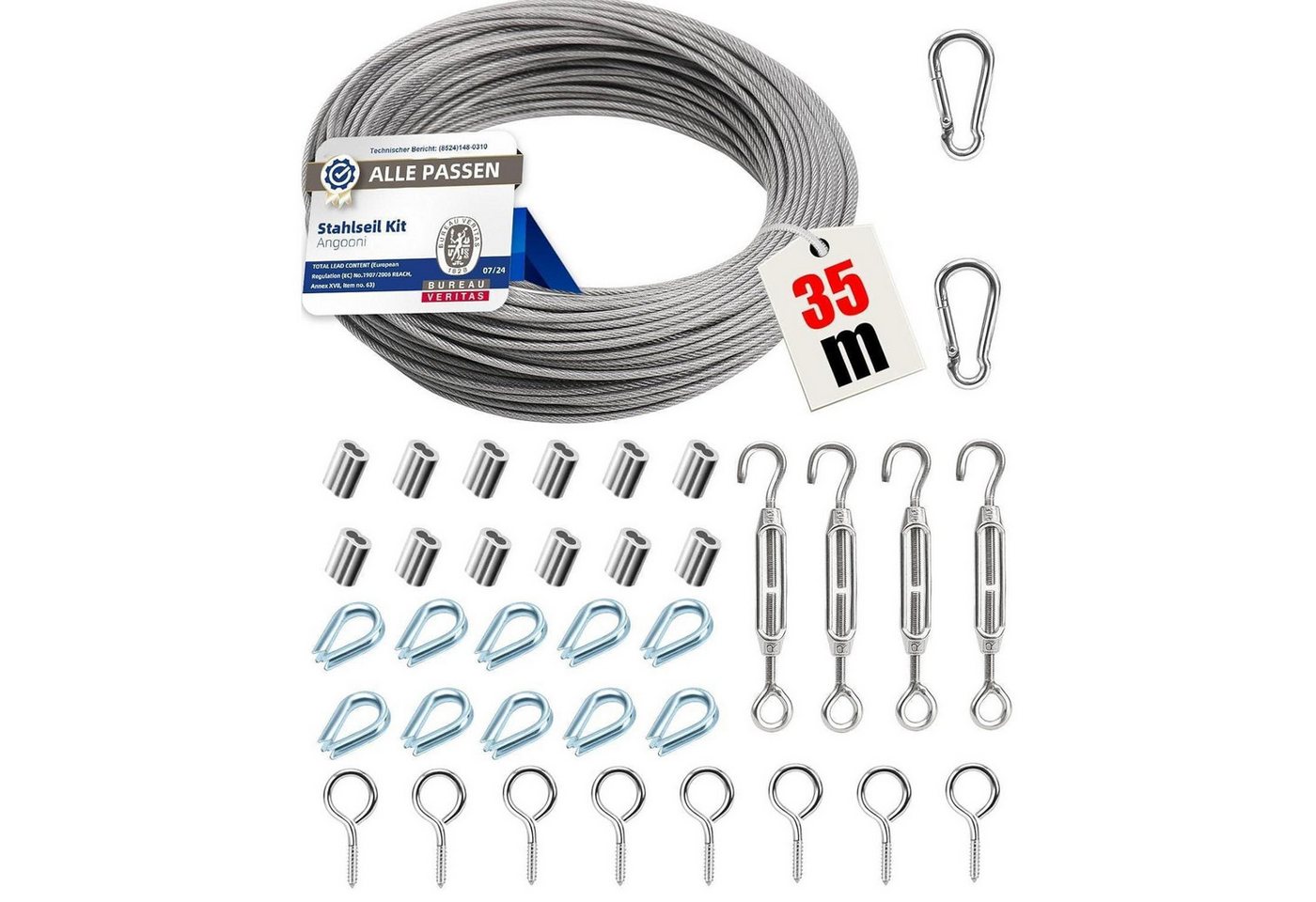LuxusKollektion Drahtseil Stahlseil Set 35m 3mm M5 Seilspanner Spannschloss Ösen 37 Bild 2