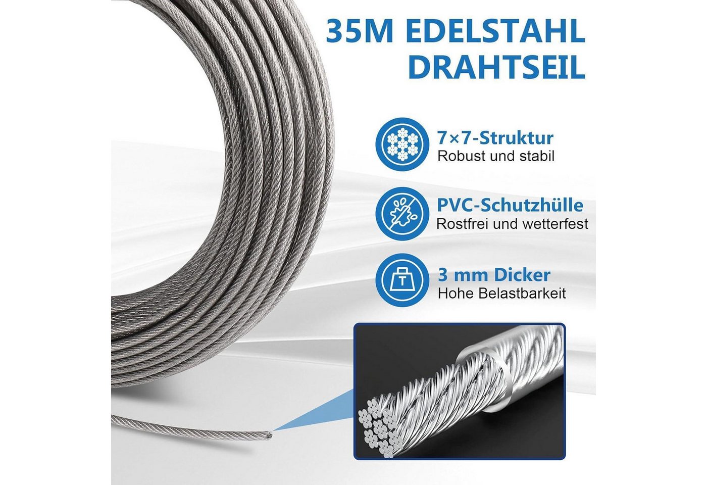 LuxusKollektion Drahtseil Stahlseil Set 35m 3mm M5 Seilspanner Spannschloss Ösen 37 Bild 3