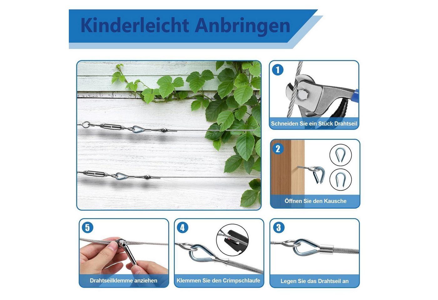 LuxusKollektion Drahtseil Stahlseil Set 35m 3mm M5 Seilspanner Spannschloss Ösen 37 Bild 5