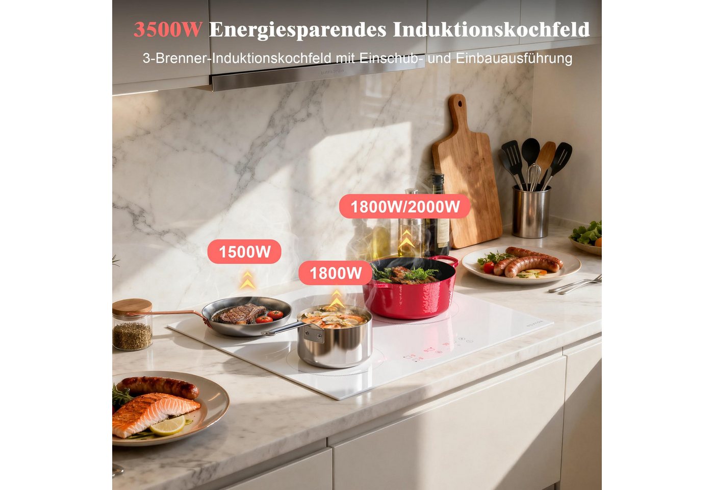 NOXTON Induktions-Kochfeld Induktionskochfeld 3 Platten Weiss, Kochfeld Einbau 59CM, Boost, Sicherheitssperre, 99-Minuten-Timer, 16A, 220-240V