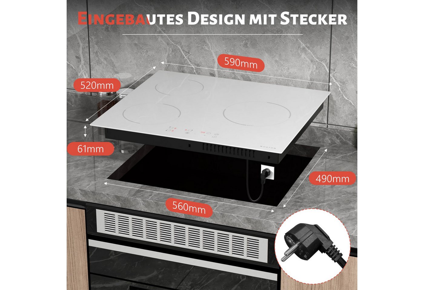 NOXTON Induktions-Kochfeld Induktionskochfeld 3 Platten Weiss, Kochfeld Einbau 59CM, Boost, Sicherheitssperre, 99-Minuten-Timer, 16A, 220-240V Bild 2