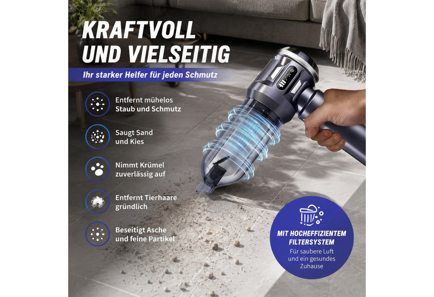 Ledklang Akku-Handstaubsauger Kabelloser 4-in-1 Mini-Staubsauger bürstenloser Motor 25000 Pa, 3 Stufen Tragbarer Staubsauger für PKW Wohnmobil Camping Treppen Sofa
