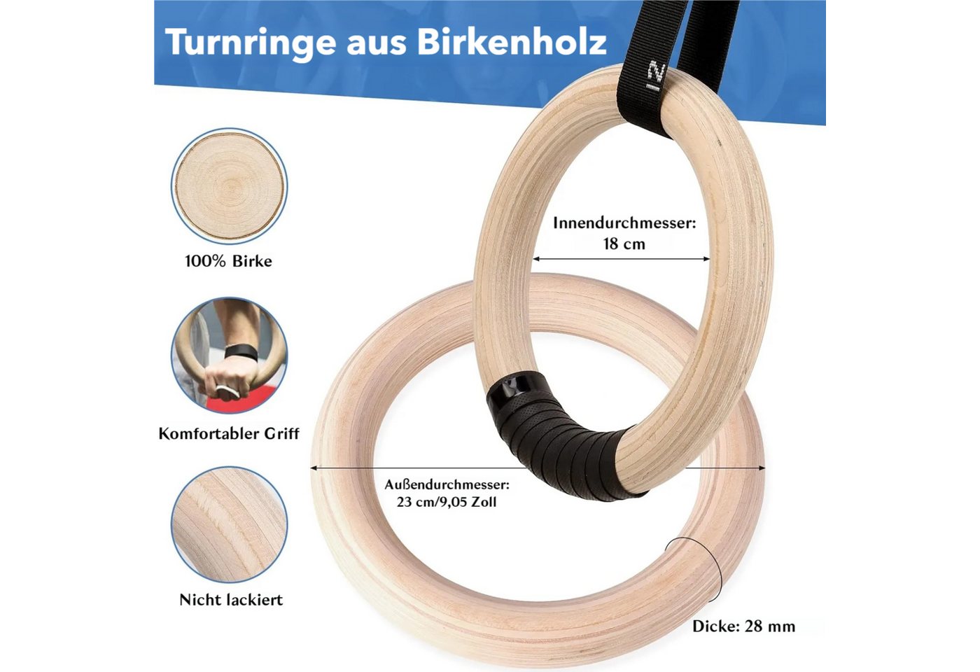 TLGREEN Turnring Gymnastikringe mit Griffband, (Verstellbaren Buckle Straps und Markierungen), Ringe Training für Full Body Workout Bild 3