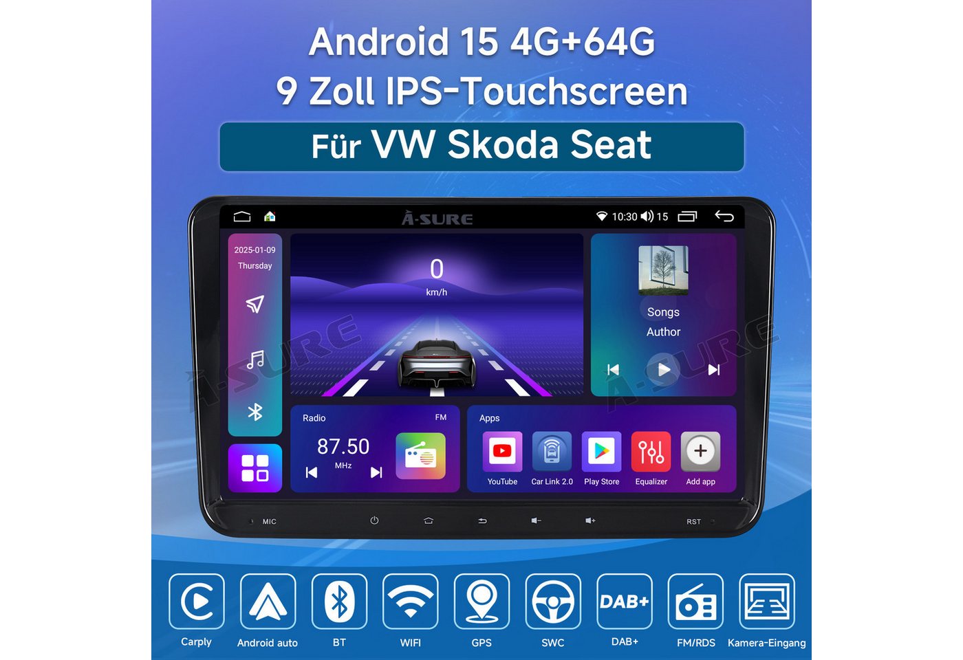 A-Sure 8-Core Android 15 Autoradio Carplay BT Für VW Touran Tiguan Caddy Polo Autoradio (RDS, FM, AM, 25 W, 1080P IPS Screen/8-Core CPU)