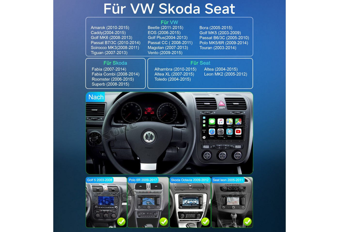 A-Sure 8-Core Android 15 Autoradio Carplay BT Für VW Touran Tiguan Caddy Polo Autoradio (RDS, FM, AM, 25 W, 1080P IPS Screen/8-Core CPU) Bild 5