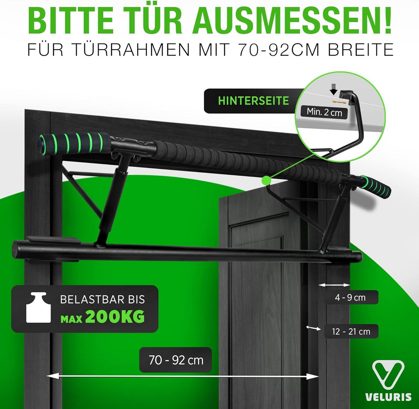 Veluris Klimmzugstange Türrahmen - ohne Bohren, bis 200 kg, 20 cm mehr Freiraum, abgerundet, Klappbar, rutschfeste Schaumgriffe, für Klimmzüge, Dips & Push-ups Bild 2