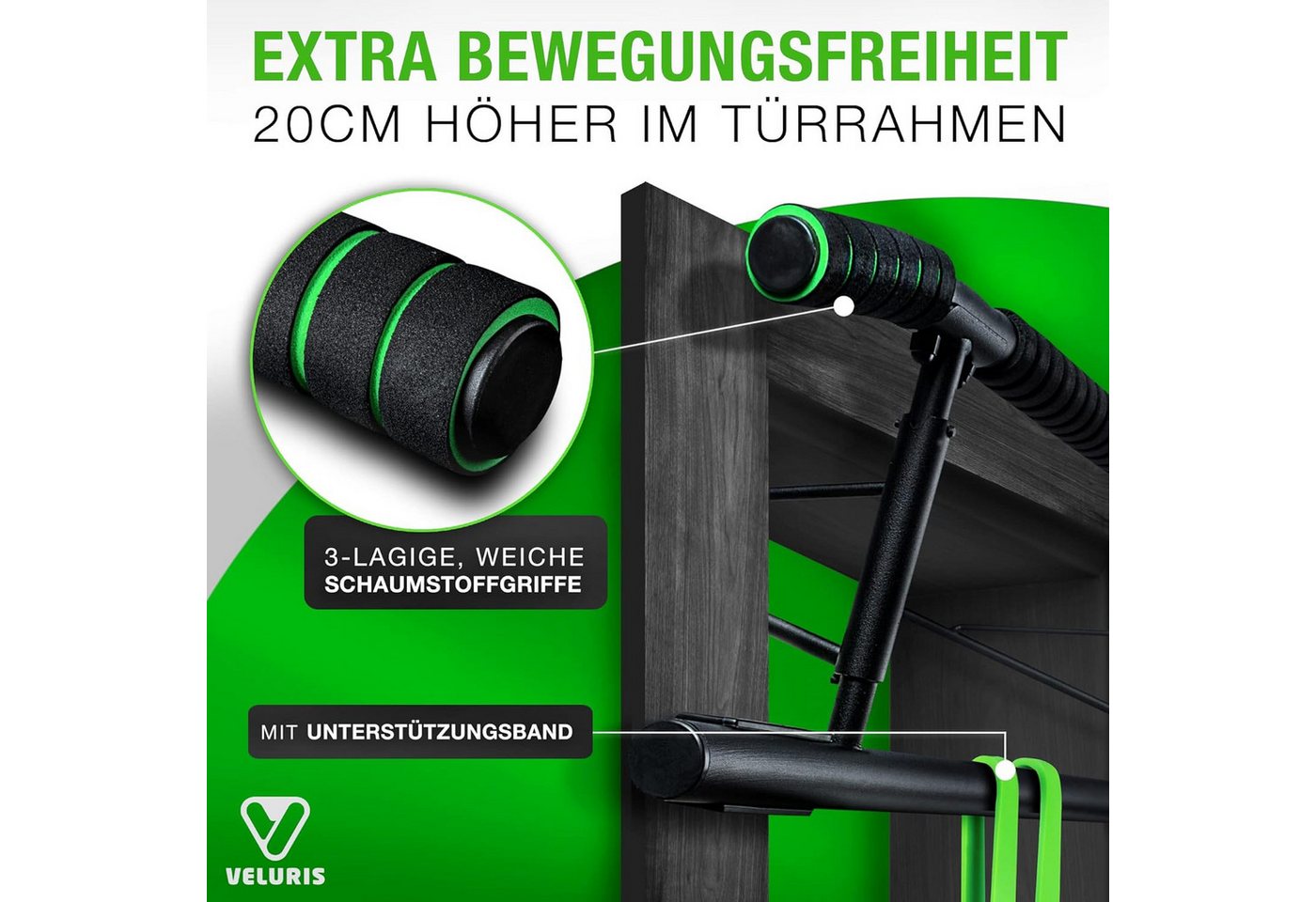 Veluris Klimmzugstange Türrahmen - ohne Bohren, bis 200 kg, 20 cm mehr Freiraum, abgerundet, Klappbar, rutschfeste Schaumgriffe, für Klimmzüge, Dips & Push-ups Bild 4