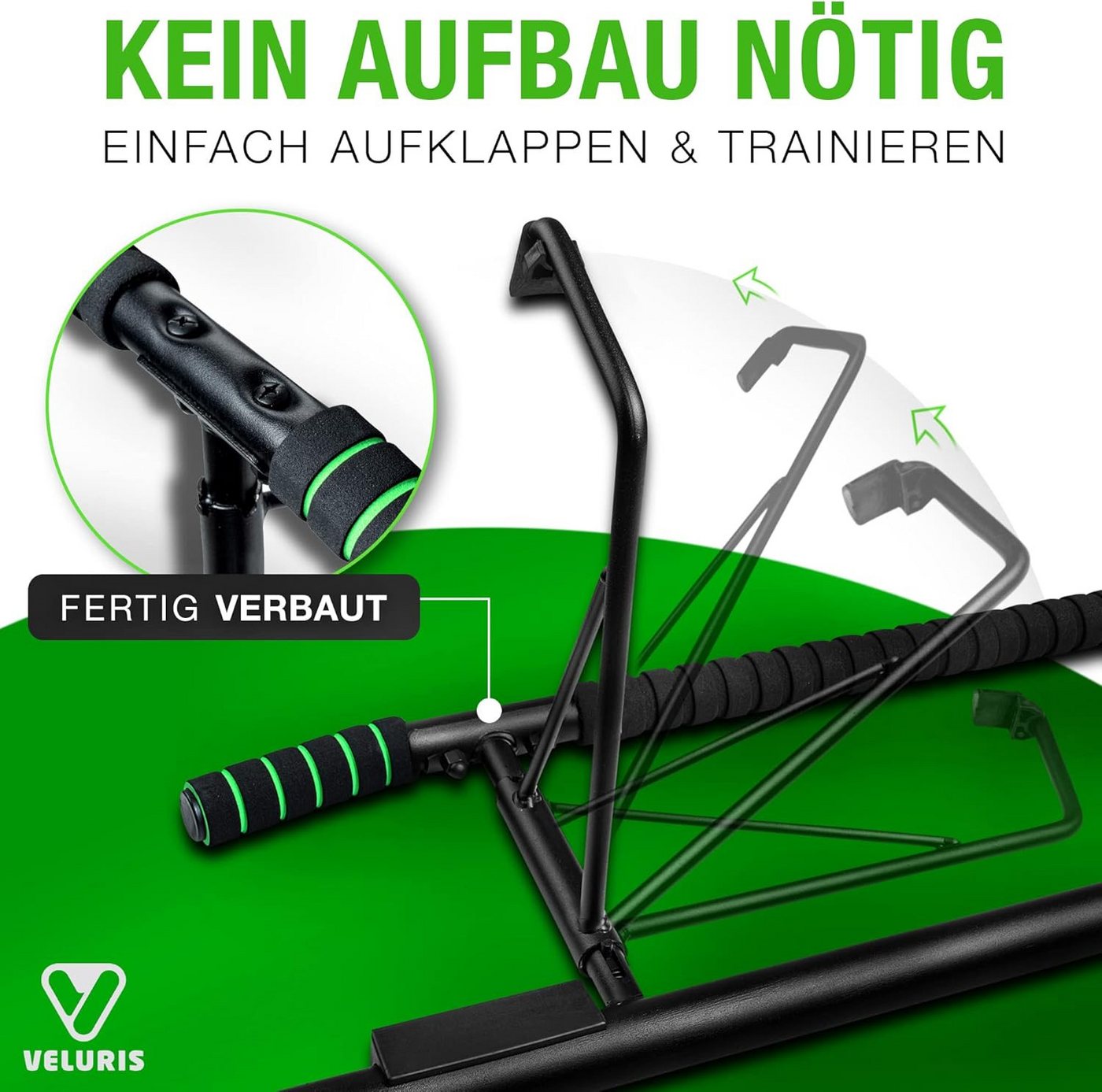 Veluris Klimmzugstange Türrahmen - ohne Bohren, bis 200 kg, 20 cm mehr Freiraum, abgerundet, Klappbar, rutschfeste Schaumgriffe, für Klimmzüge, Dips & Push-ups Bild 5
