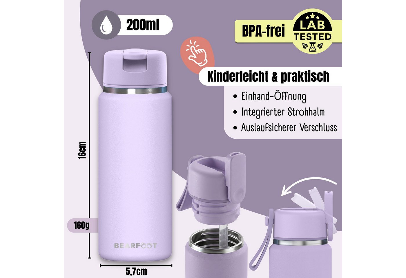 BEARFOOT Trinkflasche TINY Thermo Kinder Trinkflasche Edelstahl - Lila, Thermosflasche, auslaufsicher, Edelstahl, Kinderflasche, BPA-frei Bild 5