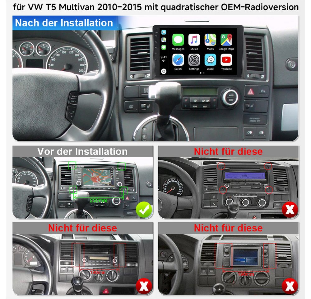 A-Sure Carplay Android 15 Navi Für VW T5 Multivan Transporter 2010-2015 Autoradio (DSP, RDS, Digitalradio (DAB), USB, 1280*720) Bild 2