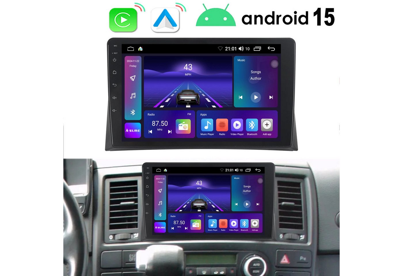A-Sure Carplay Android 15 Navi Für VW T5 Multivan Transporter 2010-2015 Autoradio (DSP, RDS, Digitalradio (DAB), USB, 1280*720) Bild 4