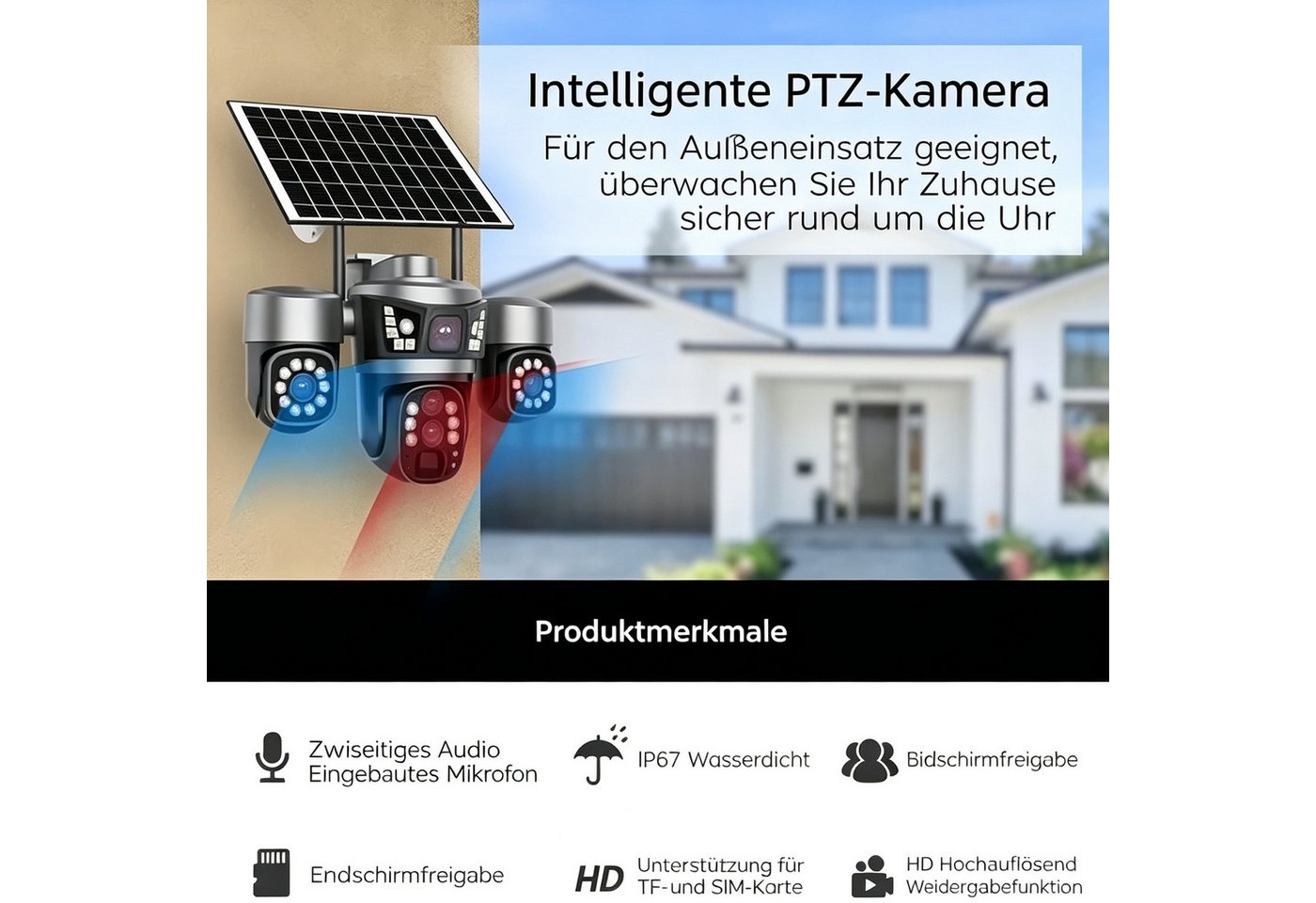ANTCOOL Überwachungskamera WiFi Solar Überwachungskamera Außen, 3-Objektive, 6MP PTZ, kabellos Bild 2