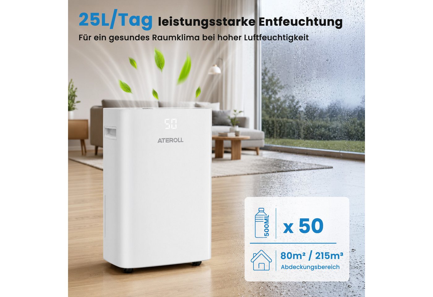 ATEROLL Luftentfeuchter Elektrisch mit Timer, 16L/24H, 25L/24H, leise 36dB Raumentfeuchter, für 215 m³ Räume, Entfeuchtung 25 l/Tag, Tank 5 l, Wäschetrocknung,Schlafmodus,Dehumidifier für Wohnung/Keller Bild 2
