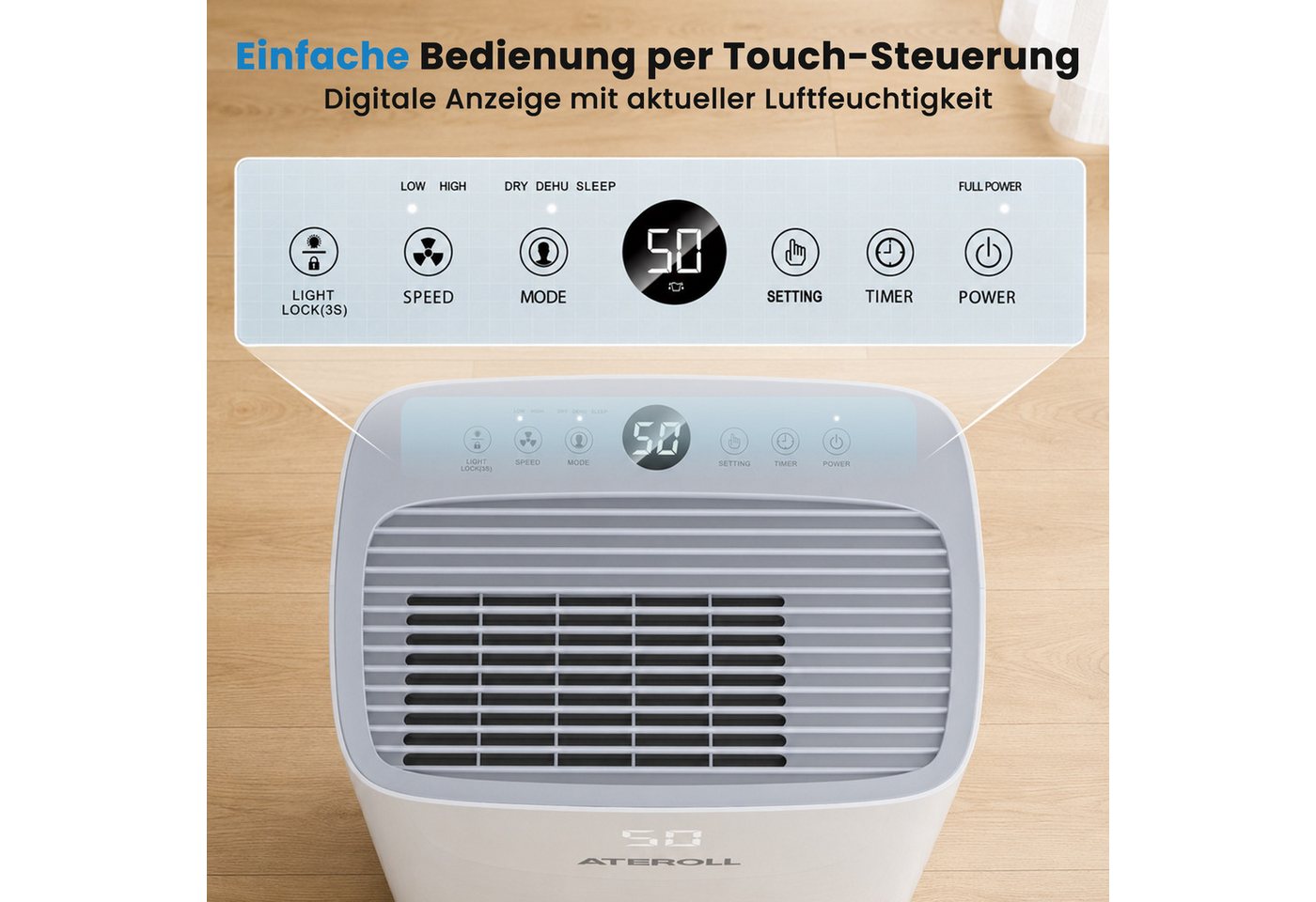 ATEROLL Luftentfeuchter Elektrisch mit Timer, 16L/24H, 25L/24H, leise 36dB Raumentfeuchter, für 215 m³ Räume, Entfeuchtung 25 l/Tag, Tank 5 l, Wäschetrocknung,Schlafmodus,Dehumidifier für Wohnung/Keller Bild 4