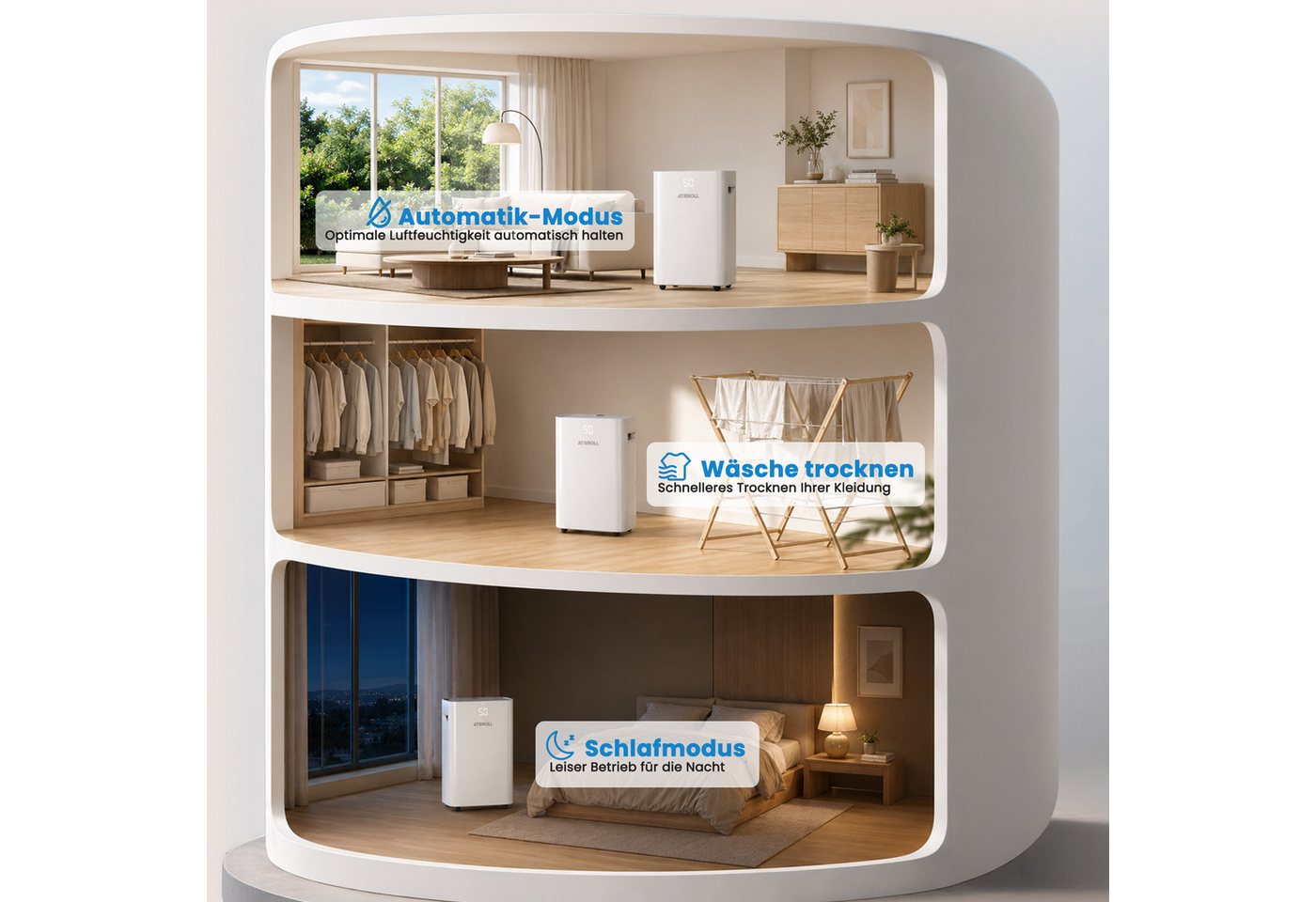 ATEROLL Luftentfeuchter Elektrisch mit Timer, 16L/24H, 25L/24H, leise 36dB Raumentfeuchter, für 215 m³ Räume, Entfeuchtung 25 l/Tag, Tank 5 l, Wäschetrocknung,Schlafmodus,Dehumidifier für Wohnung/Keller Bild 5