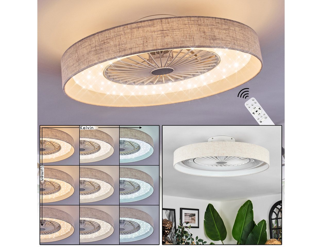 hofstein Deckenventilator Ventilator aus Kunststoff/Stoff in Weiß/Glitzereffekt/Beige, moderne Deckenleuchte, Ø 55cm, Fernbedienung, Kelvin einstellbar, CCT
