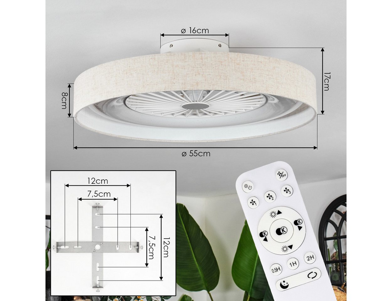 hofstein Deckenventilator Ventilator aus Kunststoff/Stoff in Weiß/Glitzereffekt/Beige, moderne Deckenleuchte, Ø 55cm, Fernbedienung, Kelvin einstellbar, CCT Bild 5