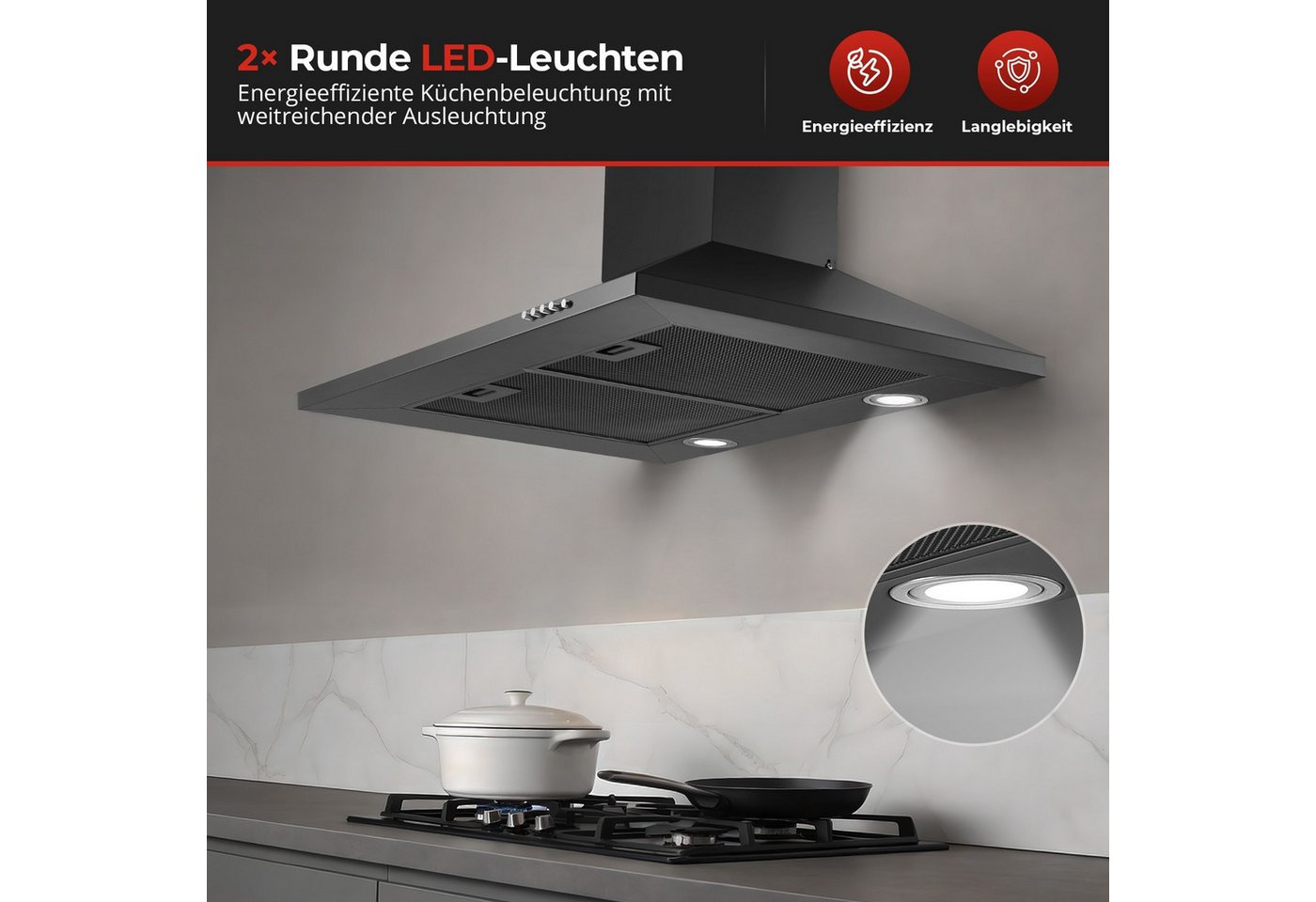 SNDOAS Kopffreihaube Dunstabzugshaube, Edelstahl – Wandhaube inkl. Aktivkohlefilter, A+++ Konvertierbar Abluft/Umluft inkl. Aktivkohlefilter, 60cm, 400m³/h Bild 2